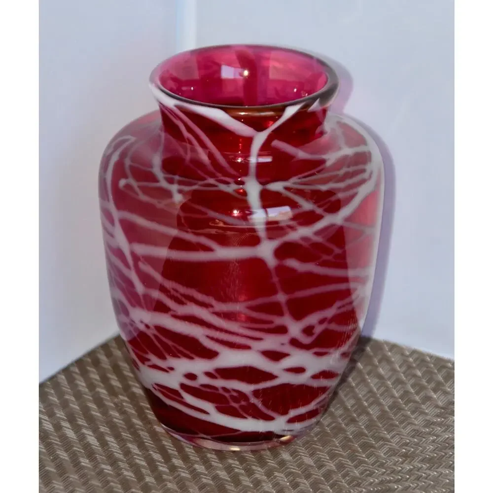 Contemporary Art Glass Vase in Cranberry and Periwinkle Crystal Signed